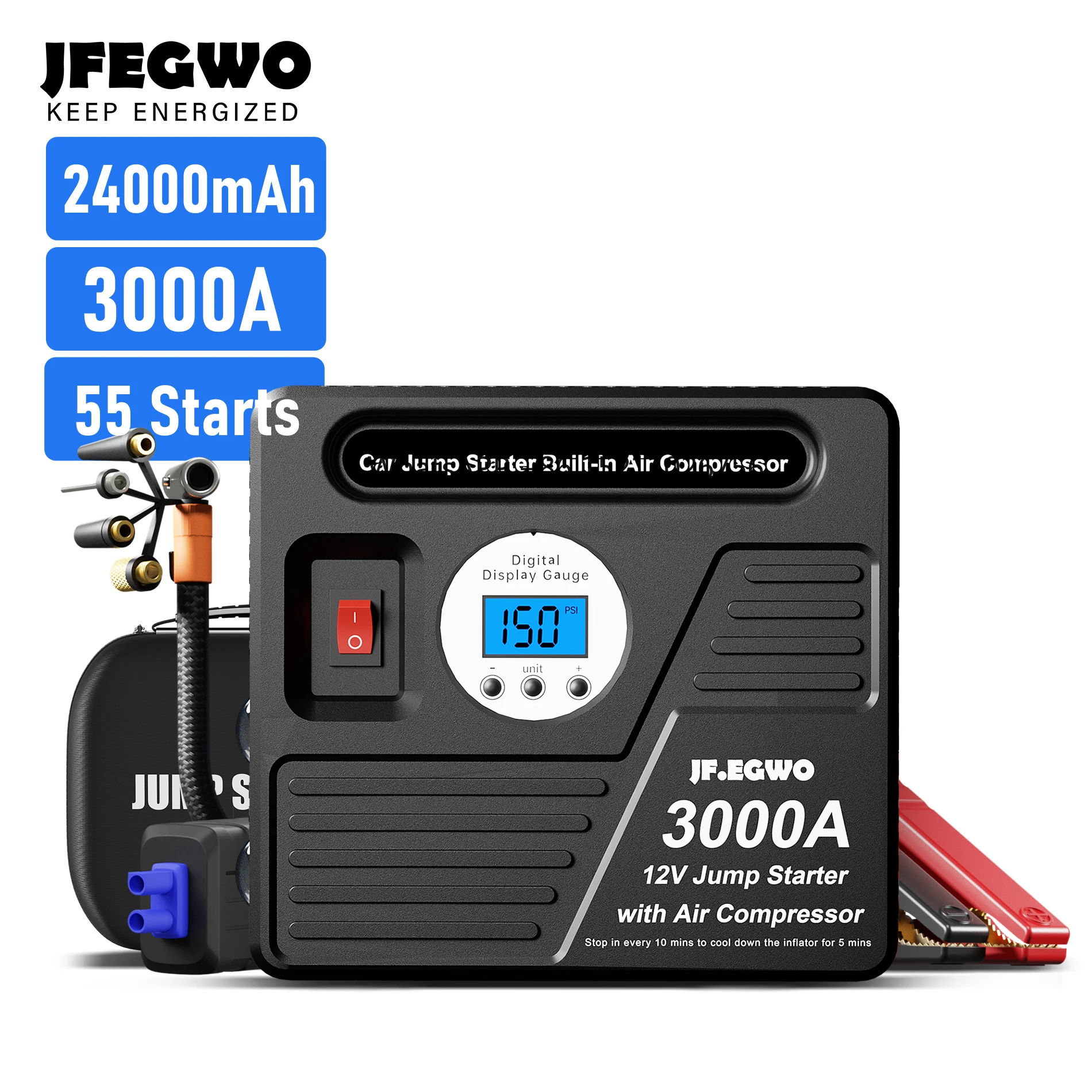 3000A 150PSI 24000mAh Portable Mini Jump Starter with 12V Power Bank with Air Compressor Booster Charger for Car Jump Starter