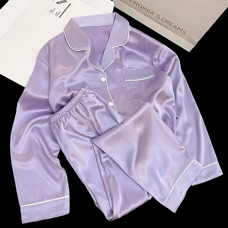 New Solid Color Women's Pajamas, Simple and Comfortable, High-End Home Wear, Ice Silk, Light Luxury Casual Long Sleeve Set