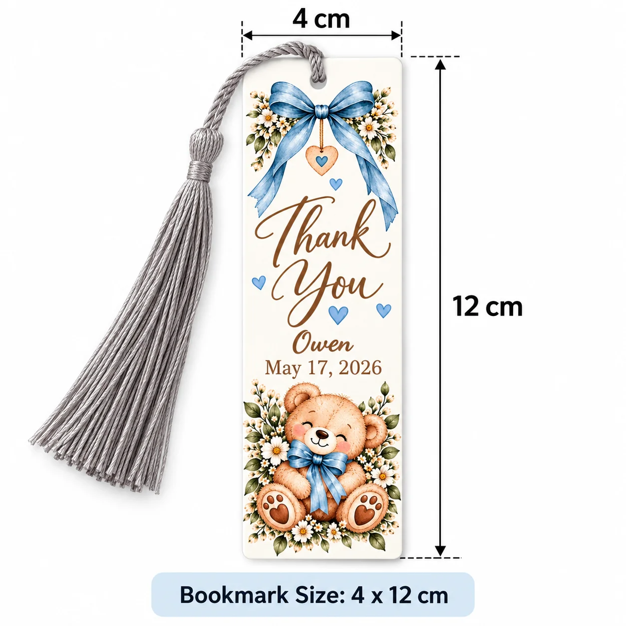 Customized Thank You Bookmark with Tassel Teddy Bear Blue Bow Bookmark Personalized Name Commemorative Gift Thank You Bookmark Graduation Gift Baptism Gift Wedding Favor Teacher Appreciation Gift