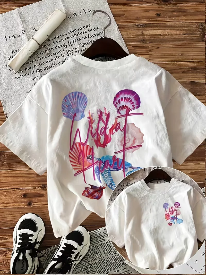 Wild at Heart Watercolor Print Turtle & Shell T-Shirt, Women's Casual Short Sleeve Boho Top, Everyday Comfy Streetwear Tee