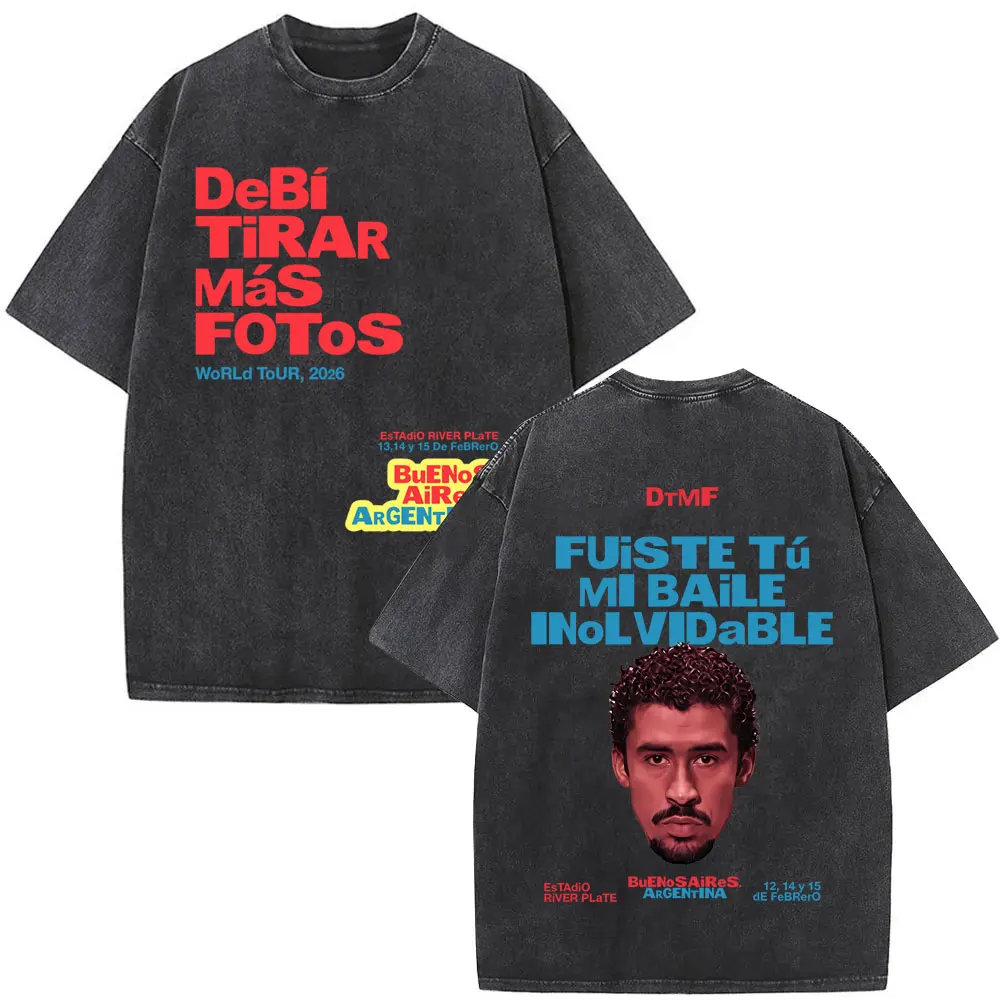 Washed Vintage Rapper Bad Bunny T-shirt Debi Tirar Mas Fotos DTMF World Tour 2026 T-shirts Men Fashion Hip Hop Oversized T Shirt