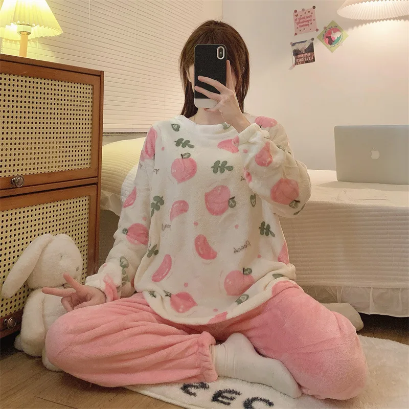 

Милые коралловые бархатные пижамы для женщин, осенне-зимняя двусторонняя одежда для сна, домашняя одежда, милый фланелевой комплект для колледжа в корейском стиле