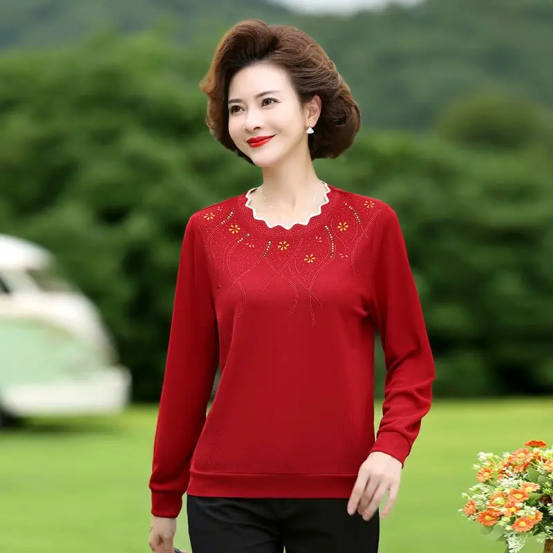 Tops Women's Clothing T-Shirts Diamonds Round Neck Generous Dignified Loose Vintage Elegant Fashion Casual Spring Autumn Thin