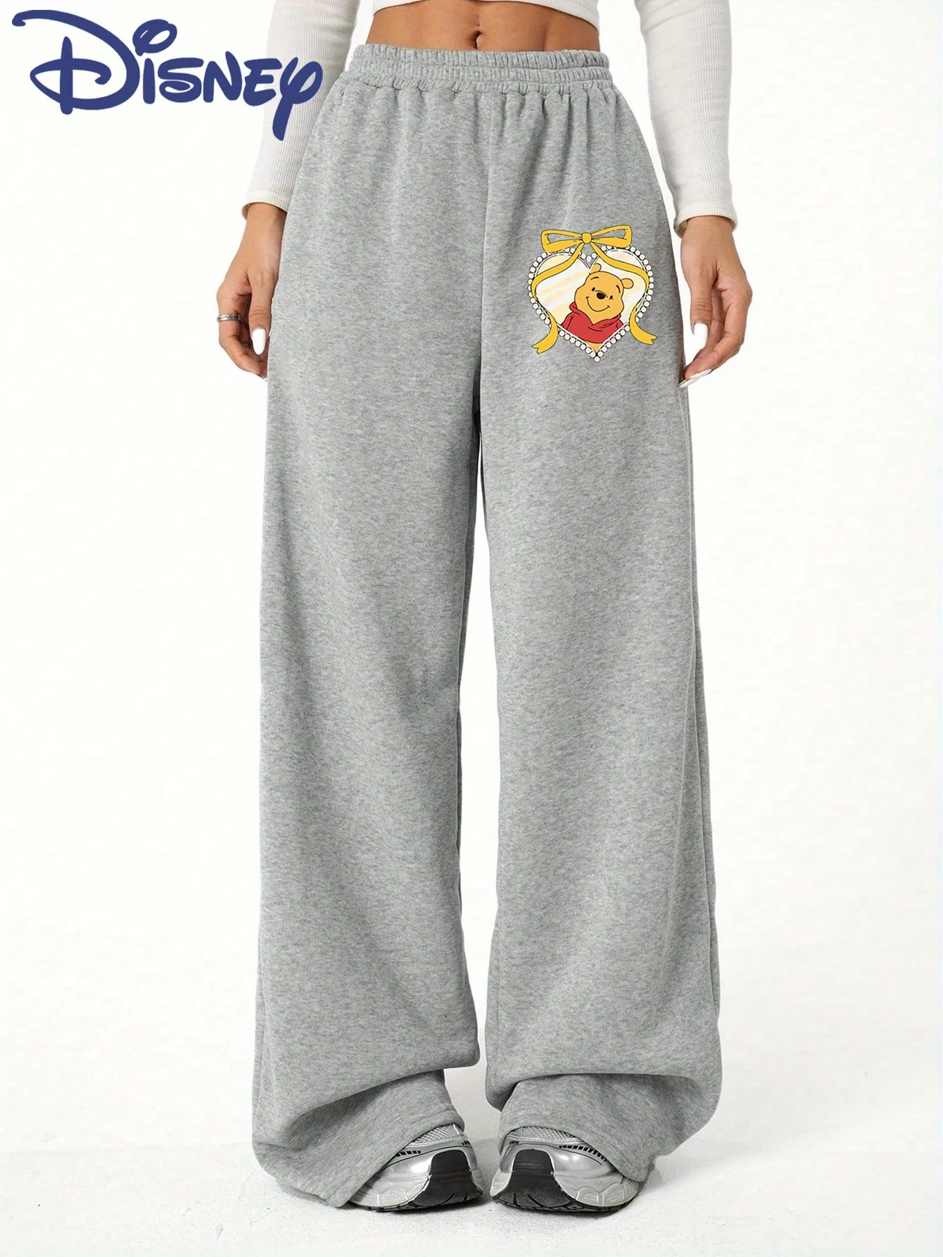 Women's Disney Winnie The Pooh Autumn Winter Casual Everyday Fleece Straight Leg Sweatpants Elastic Waistband Trendy  Oversized