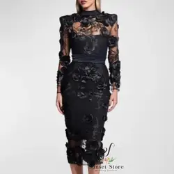 Customized Black Flower Design Long Sleeve High-Neck Tea-Length Elegant Evening Gowns Formal Occasion Special Event Tailor2025
