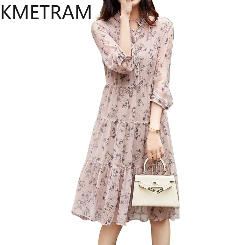 

KMETRAM Mulberry Silk Dress for Women 2024 French Floral Tea Break Dresses Summer Loose Mid-length Women's Clothing New