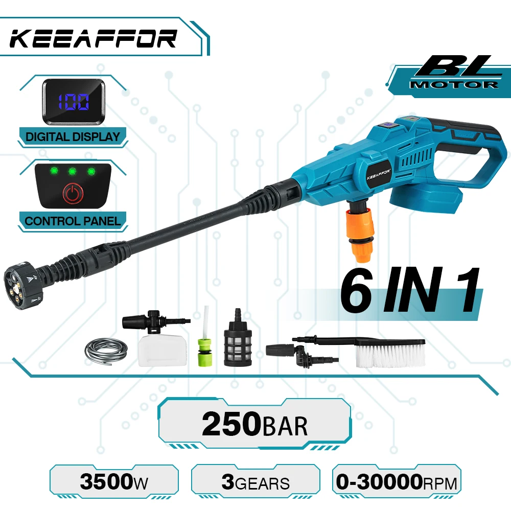 

KEEAFFOR 3500W 250Bar Brushless Car Washer Gun High Pressure 6-in-1 Rechargeable Cordless Car Washing Gun for Makita 18V Battery