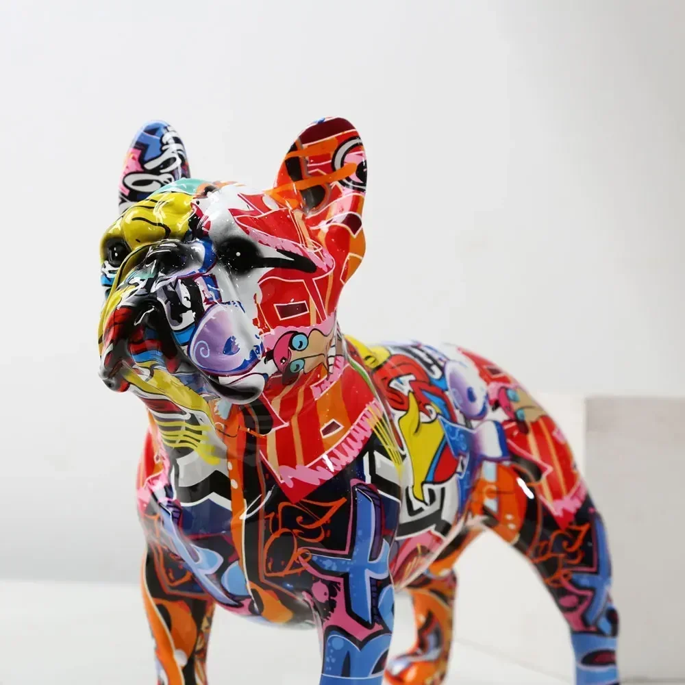 

Creativity Modern Art Colorful French Bulldog Statue Wholesale Graffiti Office Ornaments Printing Resin Dog Home Decor Crafts
