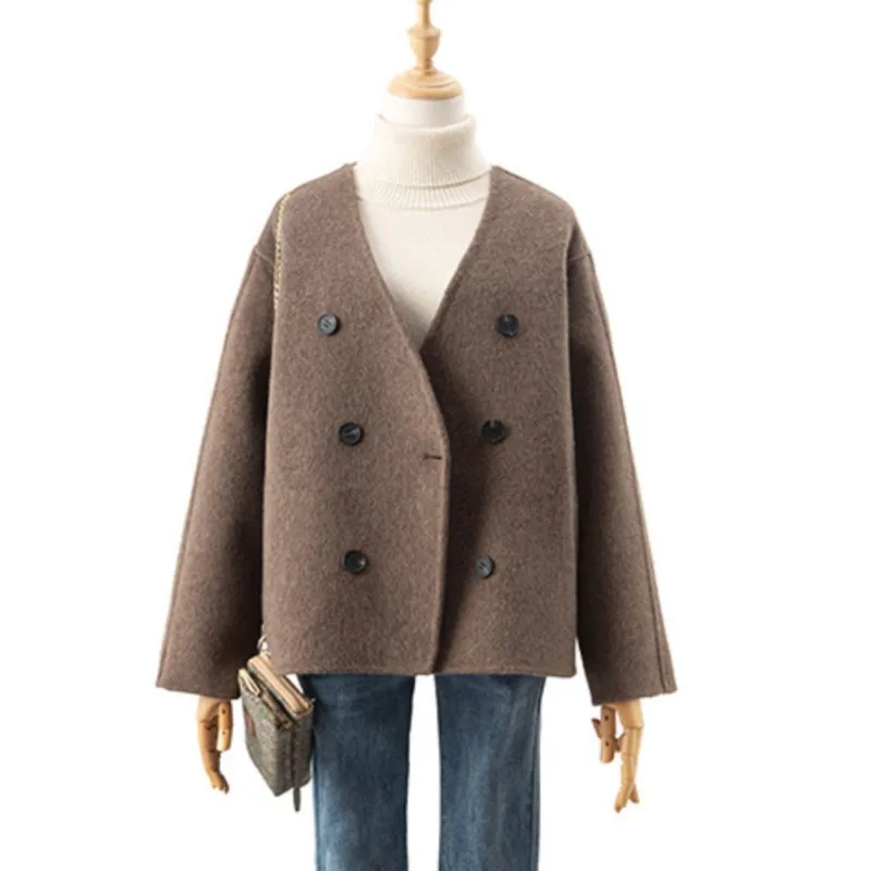 

Spring and Autumn new V-neck double-breasted double-sided wool coat for women short loose coat cappotti womans winter coats