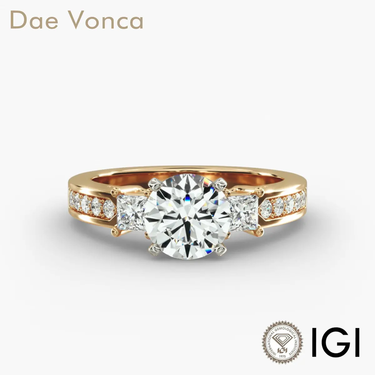 

18K Yellow Gold Three Stone Engagement Ring DE Color Round & Princess Lab Grown Diamonds IGI Certified Diamond Ring For Women