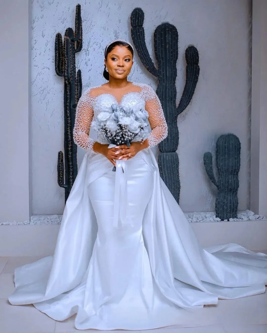 

Свадебное платье в африканском стиле с круглым вырезом и сверкающим жемчугом на заказ, халат со съемным шлейфом и длинными рукавами, роскошное свадебное платье Vestido De Novia
