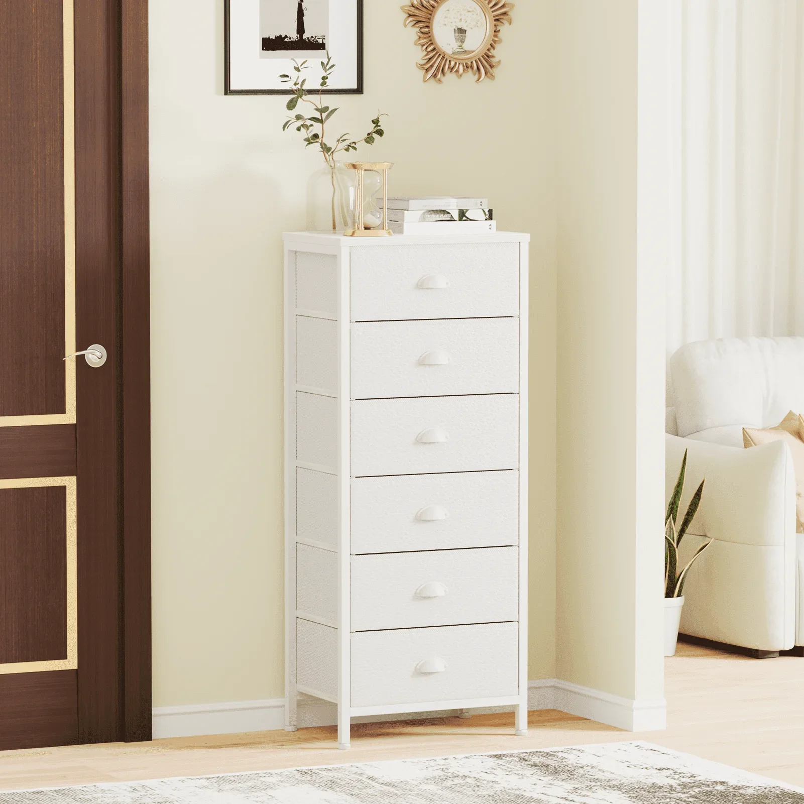 6-Drawer Tall Dresser Bedside Fabric Nightstand with Storage,for All Age,White