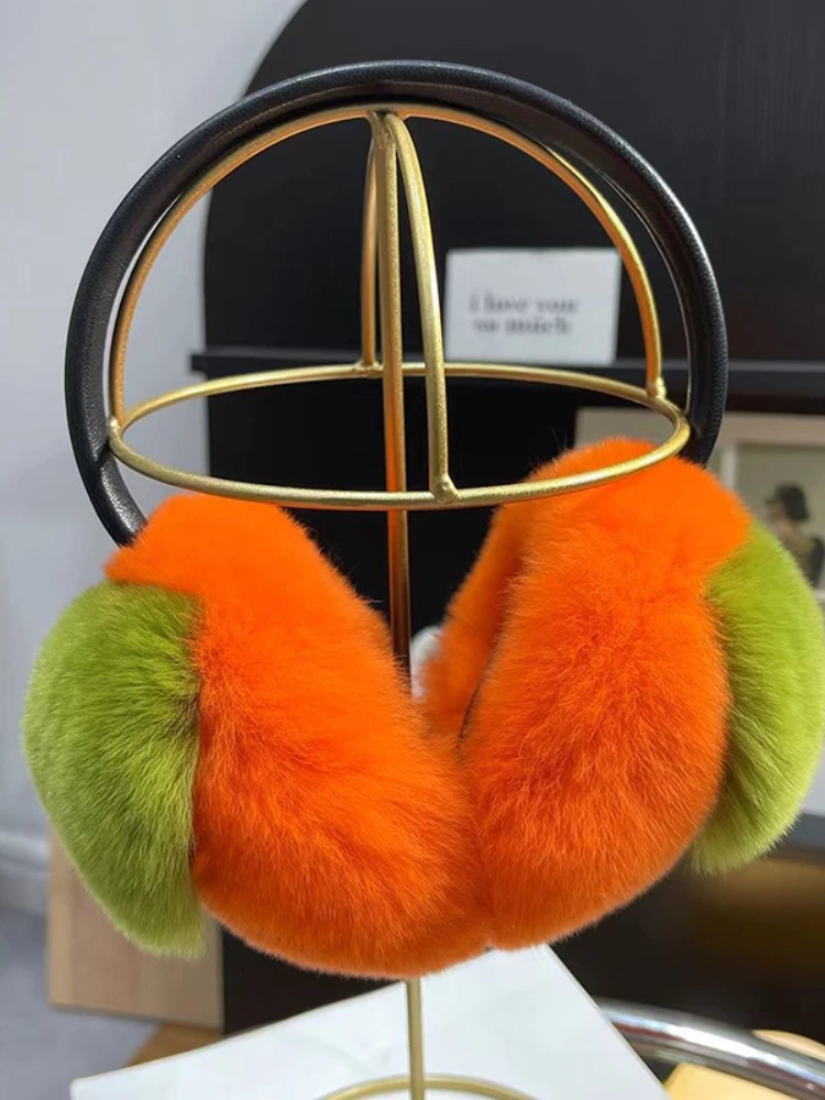 2024 Real Fur Ear-cap Winter Women Warm Natural Rex Rabbit Fur Earmuff Lady Fashion Fluffy Pompoms Genuine Rex Rabbit Fur Earla