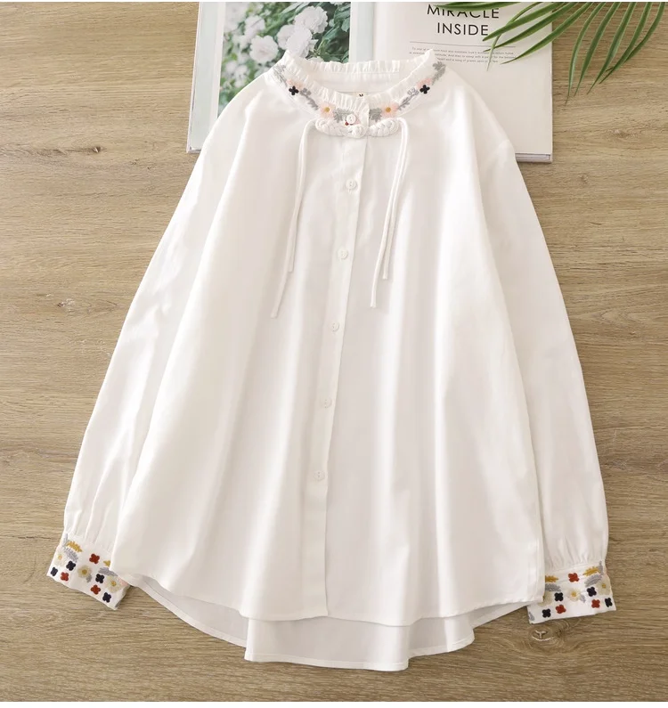가을 여성 의류 우아한 화이트 셔츠 만다린 칼라 자수 긴팔 셔츠 여성용 면 블라우스 여성 상의 여성 의류
