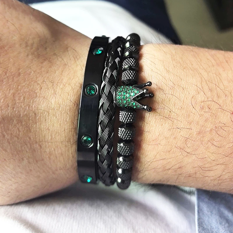 Luxury Set Green Eye Leopard Head Charm Handmade Man Bracelet Crystals Women Stainless Steel Bangles Jewelry