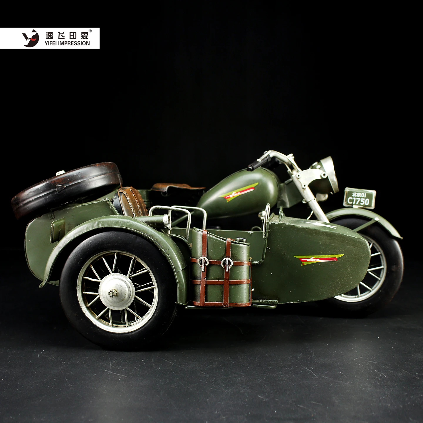 Handmade Iron Art CJ750 Motorcycle Model with Sidecar - Retro Military Green Vintage Desk Ornament Home Decor for Collectors - view 3