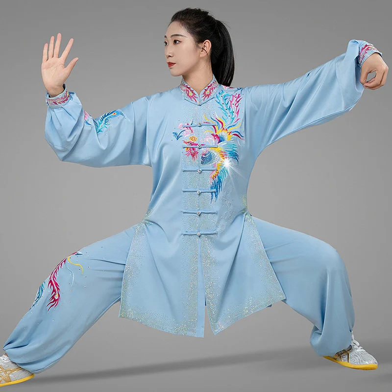 Custom Women's Light Blue Phoenix Heavy Embroidery Tai Chi Suit - High-End Rhinestone Performance Uniform