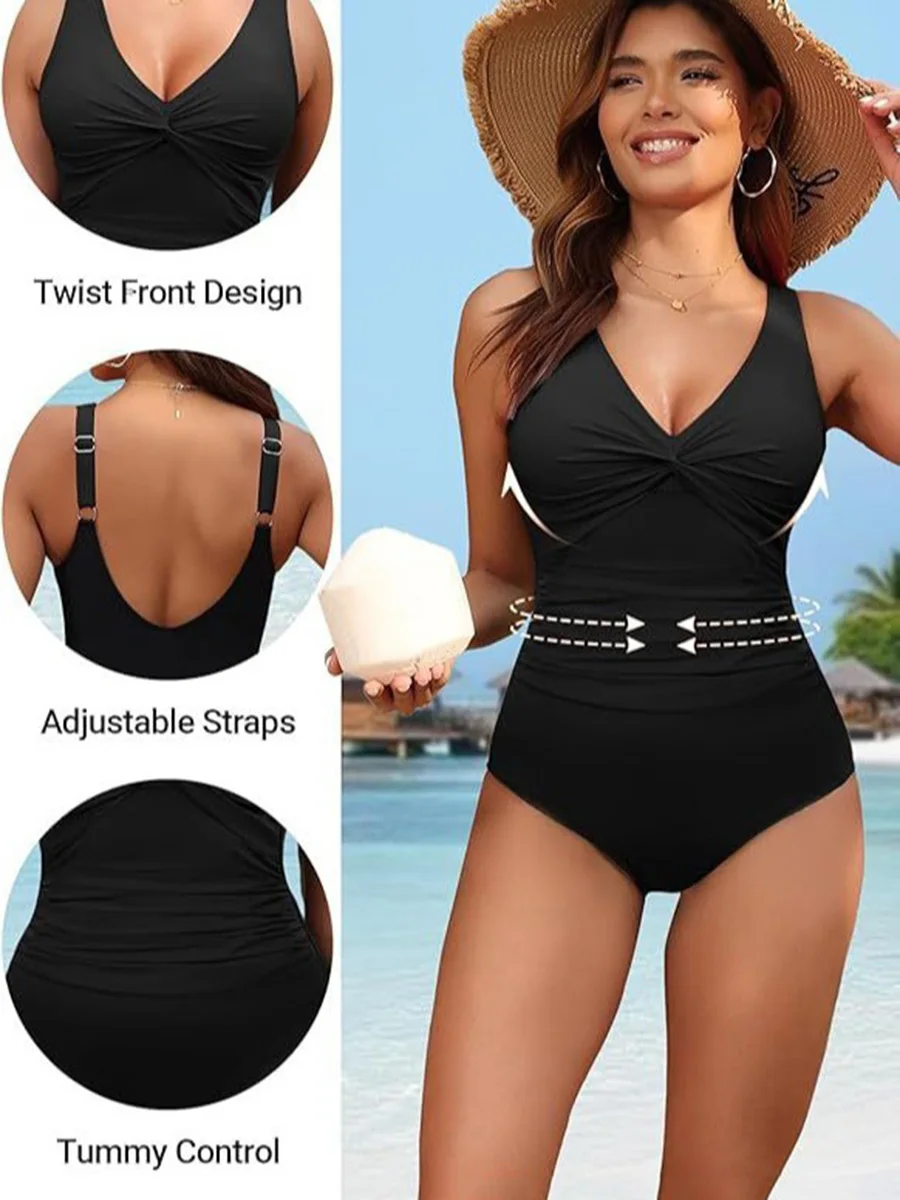 S - XXL Twist Front V Neck One Piece Swimsuit Women Swimwear Female Slim Monokini Backless Bathing Suit Swim Beachwear Bodysuit