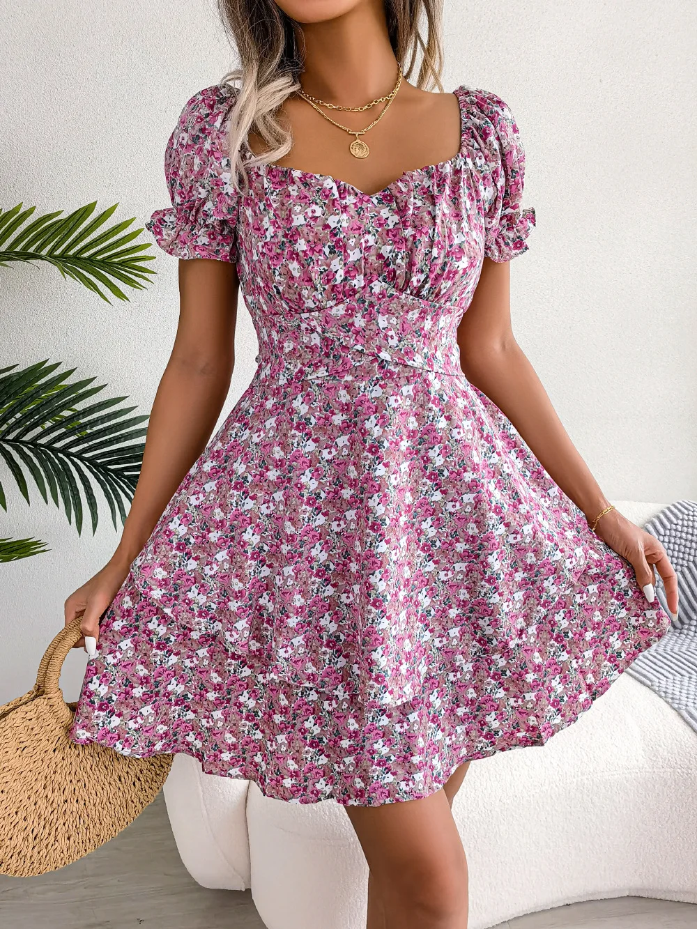 

Ins Style Long Skirt Temperament Floral Lace Up Waist Cinching Elegant Printed Dress 2025 Spring and Summer Women's Clothing