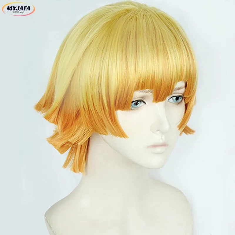 Peluca de Cosplay CyAnime Zenitsu Agatsuma, pelucas de disfraz de pelo corto dorado resistente al calor + gorro de peluca