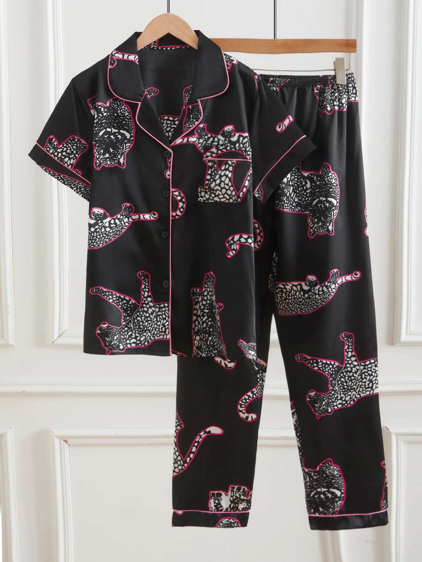 Women's Satin Silk Pajama Set Black Leopard Print Pink Trim Short Sleeve Long Pants 2 Piece Loungewear Button Down Sleepwear