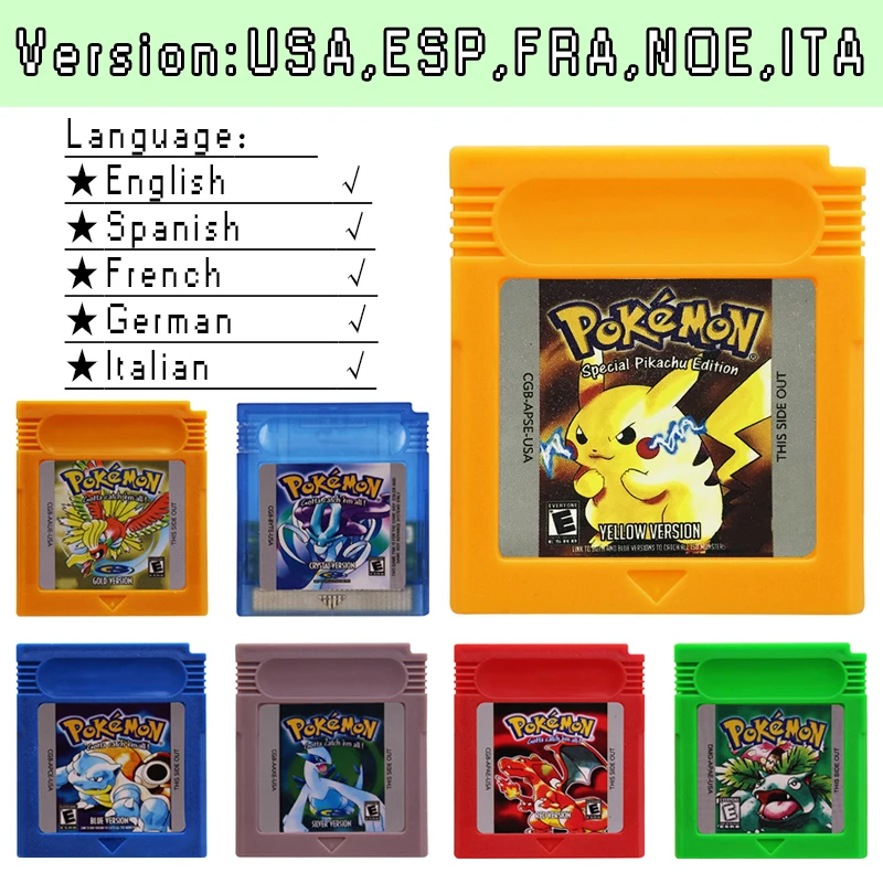 

GBC Картридж для видеоигр Консольная карта 16-битный Pokemon Синий Кристалл Золотой Зеленый Красный Серебристый Желтый Многоязычный для фанатов Подарок