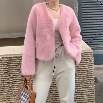 Kore tarzı kadın kış Faux vizon kürk palto yeni yüksek kaliteli dantel-up ceket uzun kadın gevşek kalınlaşmak sıcak ceket ceket