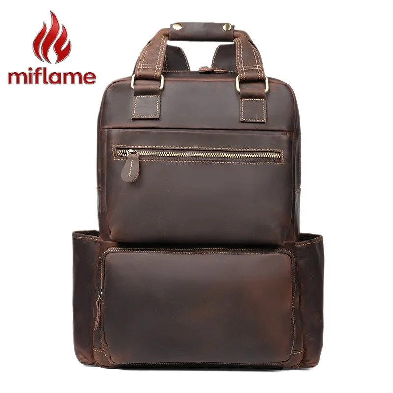 

Men's Vintage Crazy Horse Leather Backpack Top Grain Large Capacity Travel Rucksack Multiple Pockets