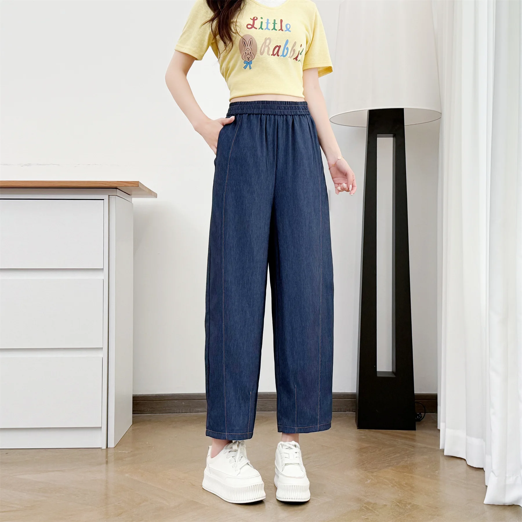 2026 Summer Plus Size Elastic Waist Denim Balloon Pants Stitch Detail Slimming Ankle Length Trousers For Curvy Ladies 9829 view 6