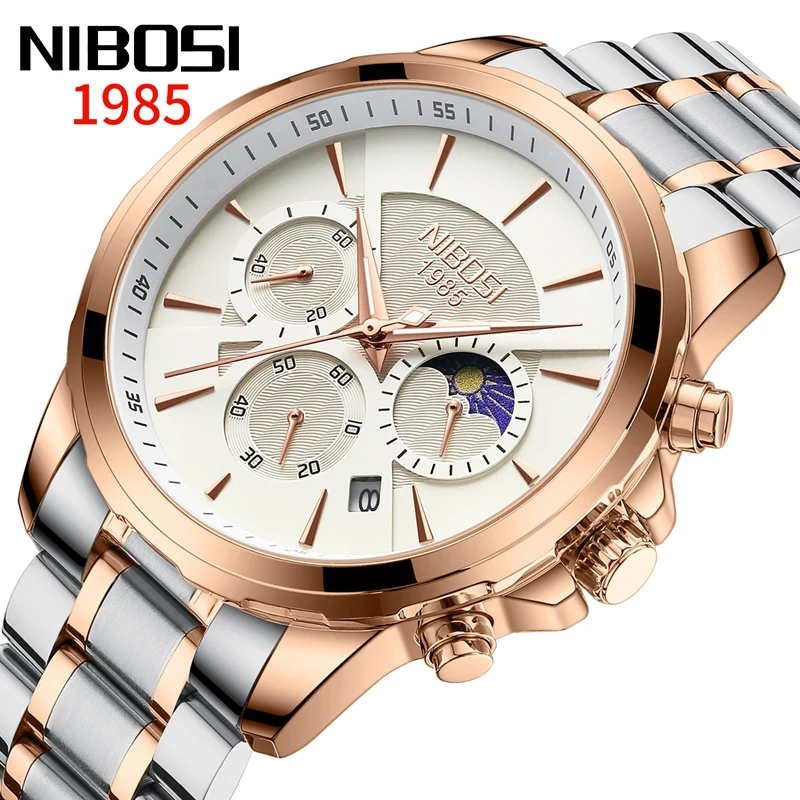 

NIBOSI Brand Fashion Moon Phase Quartz Watch for Men Stainless Steel Waterproof Sport Chronograph Watches Mens Relogio Masculino