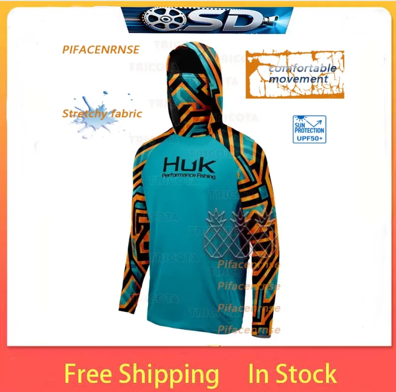 HUK Fishing Shirt Hoodie With Face Mask Men Breathable Anti Mosquito Fishing Performance T-shirts Long Sleeve Anti-uv Clothing