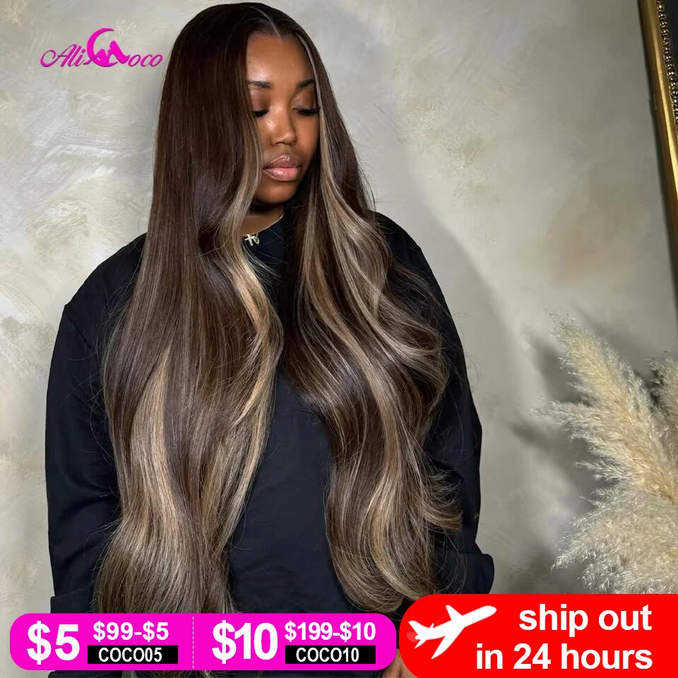 Upgrade Brown Highlights Blonde Body Wave Human Hair Wig 13x4 Transpaprent Lace Front Wigs Pre-Plucked Long Hair Wig For Woman