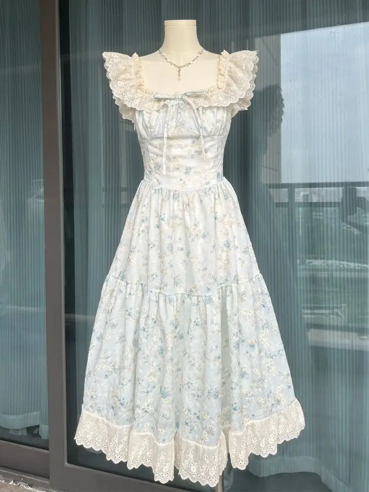 NONSAR ฤดูร้อนใหม่สไตล์ฝรั่งเศสน่ารักและหวานโบว์บินแขนชุดดอกไม้สีฟ้าผู้หญิง Elegant Gentle Slim A-Line ชุดยาว