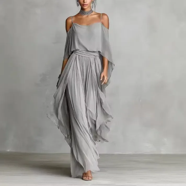 2026 Women's Two-Piece Set: Off-Shoulder Blouse & Wide-Leg Pants