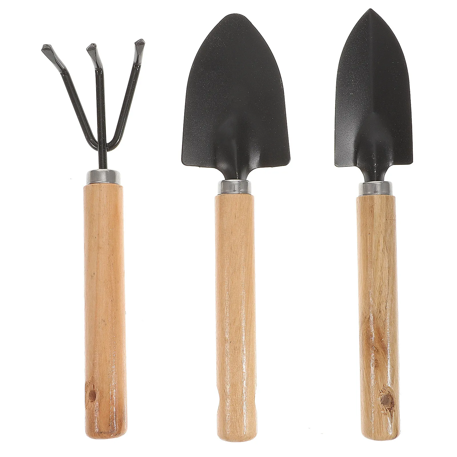 

3Pcs Garden Tool Set Mini Iron Shovel Trowel Rake Wooden Handle Black for Outdoor Camping Digging Cultivating Transplanting