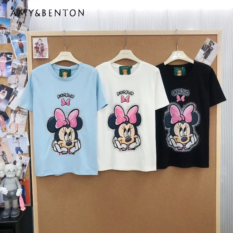 

Fashion Trend Sweet Cartoon T-shirt With Rhinestone Print Loose Fit Round Neck Short Sleeved Cotton Tshirts For Women's Clothes