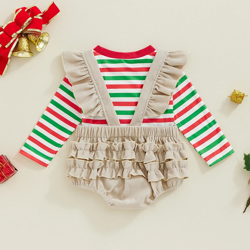 Suefunskry Baby Boy Girl Christmas Outfit, Long Sleeve Striped Romper with Embroidery Cartoon Biscuit Man Overalls Cute Set