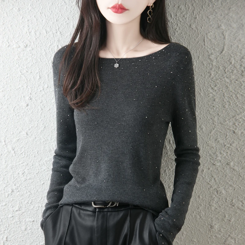 Damski sweter wełniany na jesień/zimę, casualowy, jednolity, z okrągłym dekoltem, dzianinowy top, wyszczuplający, dopasowany sweter z aplikacją z diamentami.