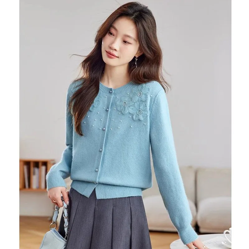 سترة مشغولة من الصوف المرأة 2025 جديد ربيع الخريف فضفاضة ارتداء النمط الأجنبي سترة قصيرة معطف السيدات سترة بأكمام طويلة