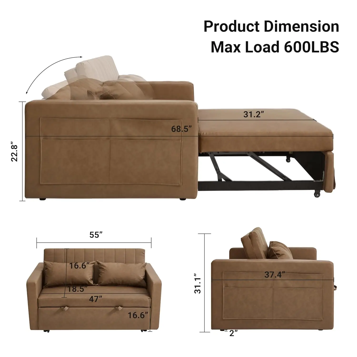 55'' Leather Sofa Bed, Pull Out Sleeper Sofa Bed, Brown, Customized