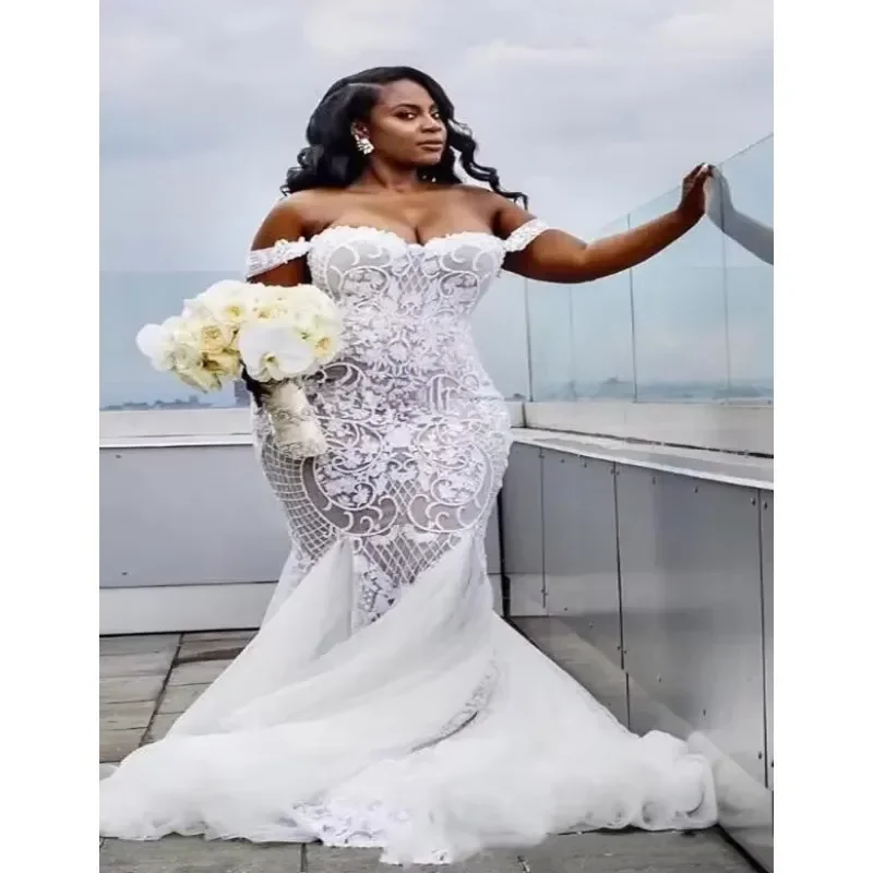 فساتين زفاف حورية البحر الأفريقية مقاس كبير مخصصة من Vestido De Noiva بدون أكتاف من الدانتيل فساتين زفاف رداء Mariage #3