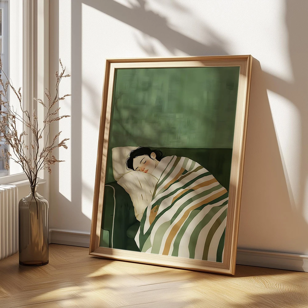 Minimalist Emerald Green Abstract Japandi Stripe Female Poster Dreaming in Comfort Canvas Painting Wall Pictures Bedroom Decor