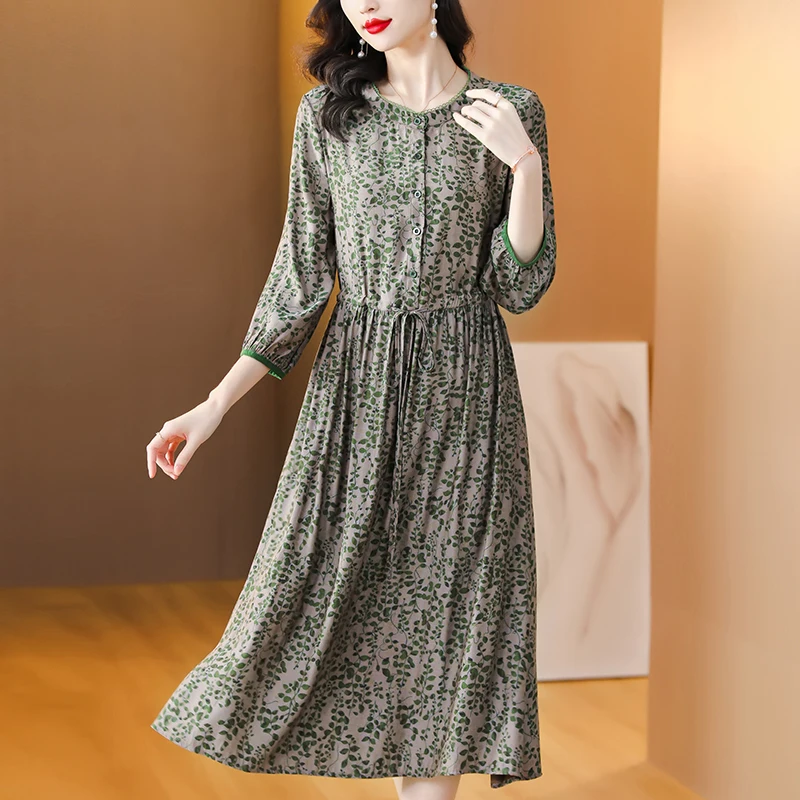 

New Fashion Silk Printed Dress Women's Autumn Vintage Silk Fragmented Flower Round Neck Loose Fit Casual Party Dress Vestid