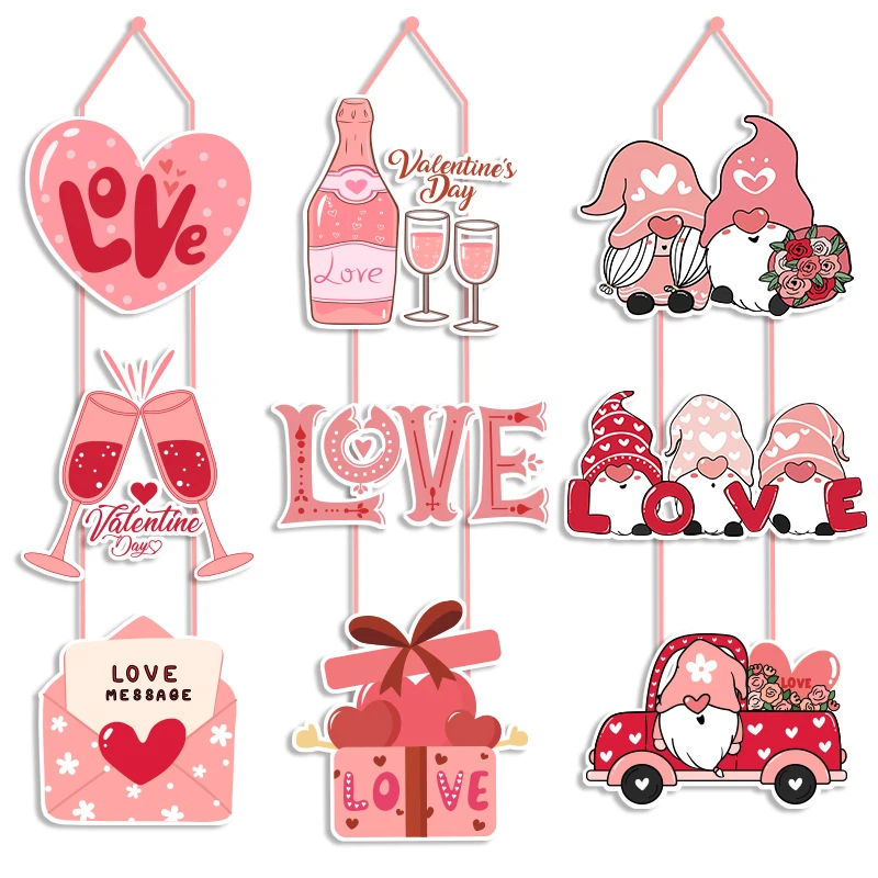 Happy Valentine's Day Door Hanging Ornament Wedding Party Pendant Pink Love Heart Faceless Doll Banner Valentines Day Home Decor