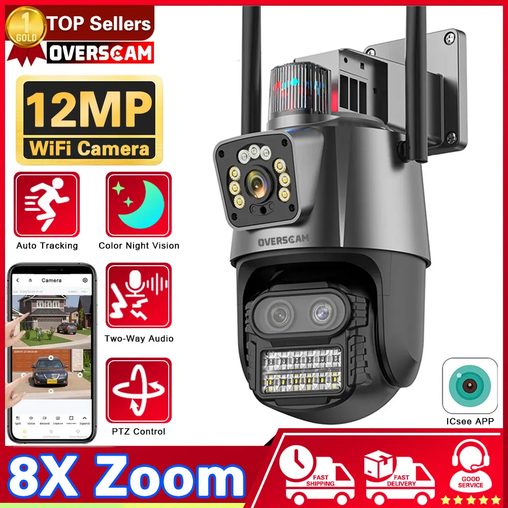 ICsee 12MP 6K WiFi Camera Outdoor Three Lens Dual Screens 8X PTZ Zoom CCTV Video Auto Tracking Security Protection Surveillance