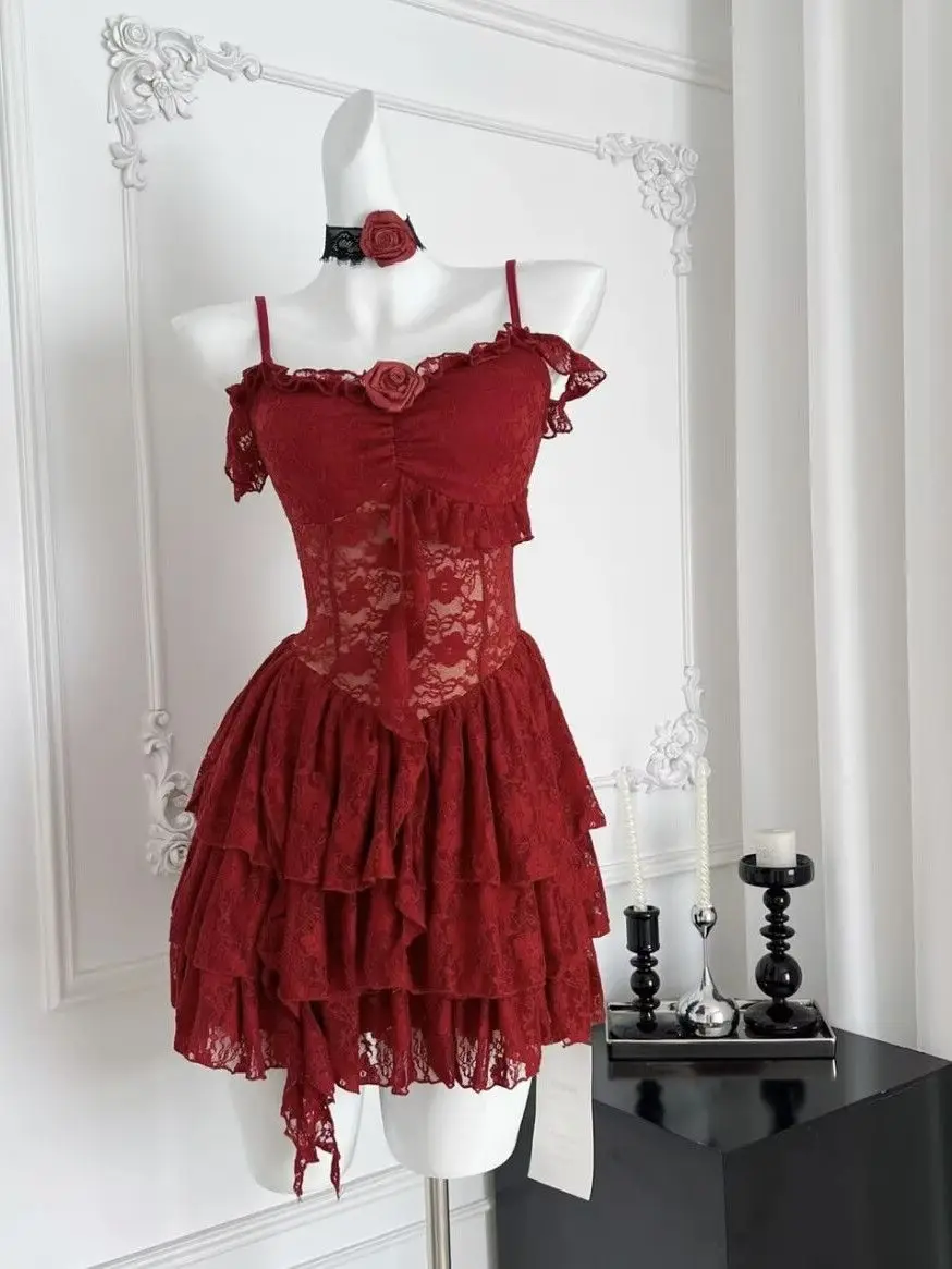 Feminino verde estilo fada vestido fino ajuste cinta de espaguete renda plissado hem malha vintage retalhos elegante kawaii roupa estética