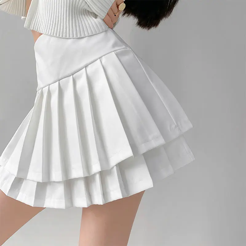 Preppy Style Double Pleated Skirt Women Summer Sexy Casual High Waist Patchwork Solid A-line Mini Skirt Korean Y2k Skirt