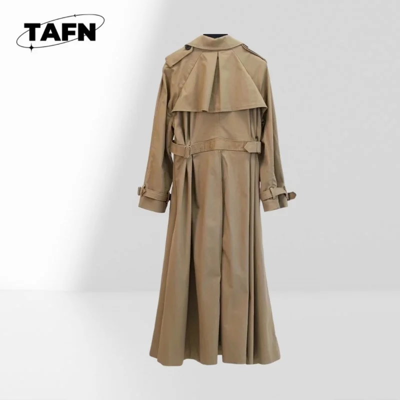 100% real cotton Old Money Style Women Khaki Maxi Trench Coat Lapel Breasted Epaulets Long Sleeve Flared Hem Elegant  BH1964