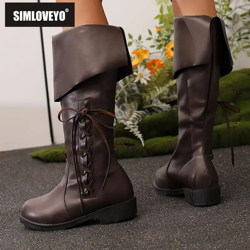 

SIMLOVEYO, новый дизайн, женские сапоги до колена - круглый носок, 4 см, на массивном каблуке, без шнуровки, большие размеры 47–48, зимний ежедневный стиль для верховой езды