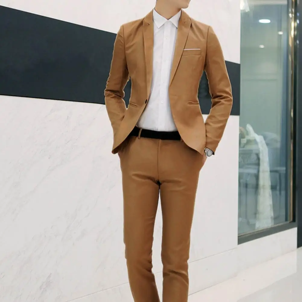 Stylish Suit Top Pants Male Solid Color Cozy Slimming One Button Formal Suit  Blazer Pants Pockets